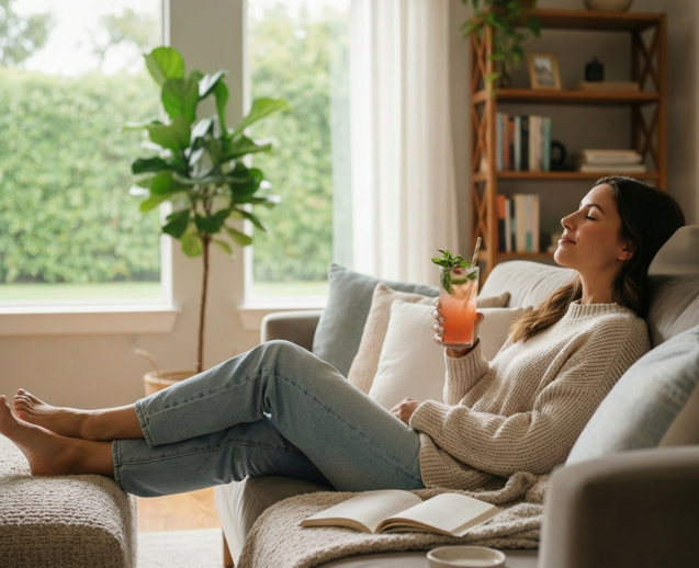 Woman holding HappySoul adaptogen drink mix in a beautiful glass